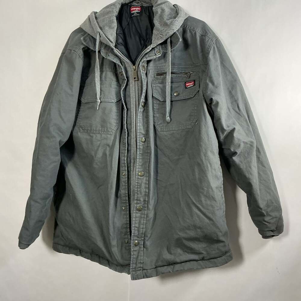 Wrangler Workwear Hooded Shirt Jacket Size L (42-44) Gray Canvas Quilted